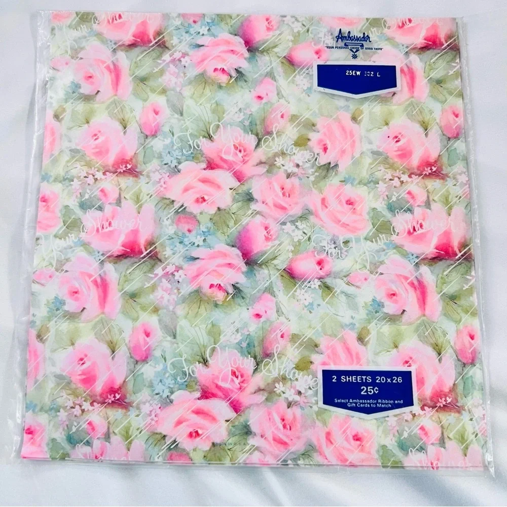 Vintage New Old Stock Hallmark Pink Floral For Your  Shower Gift Wrap Sheets